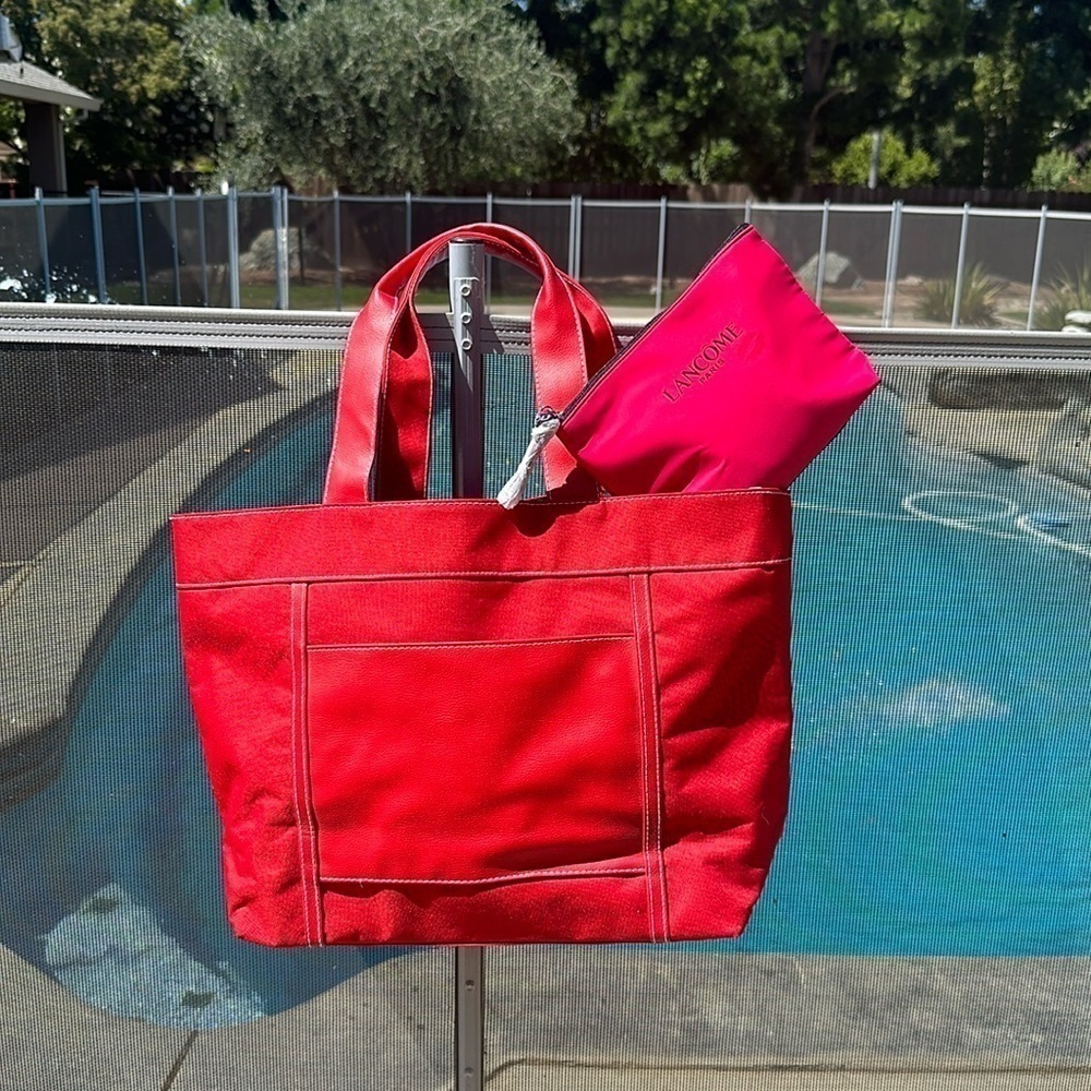 Lancome, 2 items, red tote and hot pink make up pouch